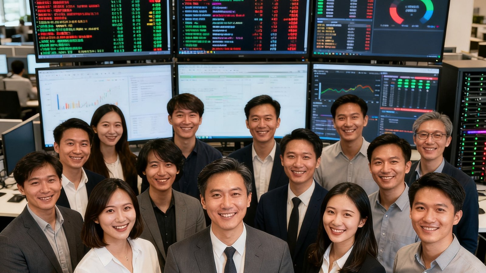 比分直播网北京总部办公室内团队合影，约30名员工在开放式办公区面对多块数据监控大屏微笑站立，背景可见实时比分数据流和服务器状态指示灯